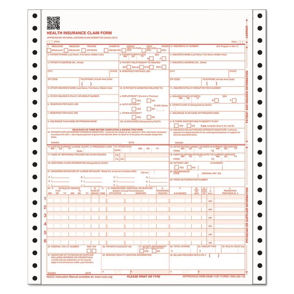 Adams Business Forms CMS Health Insurance Claim Form, Three-Part Carbonless, 9.5 x 11, 1/Page, Continuous, 100PK CMS1500CV